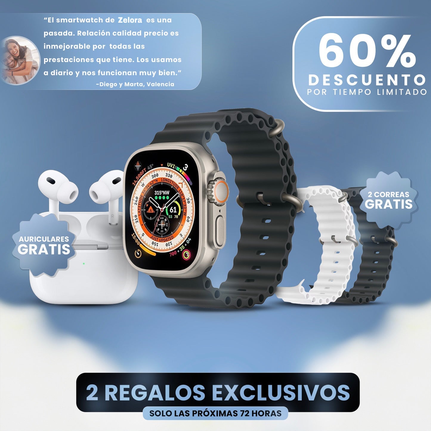 Smartwatch Zelora Pro + 2 Correas y Auriculares (Gratis)- Edición limitada