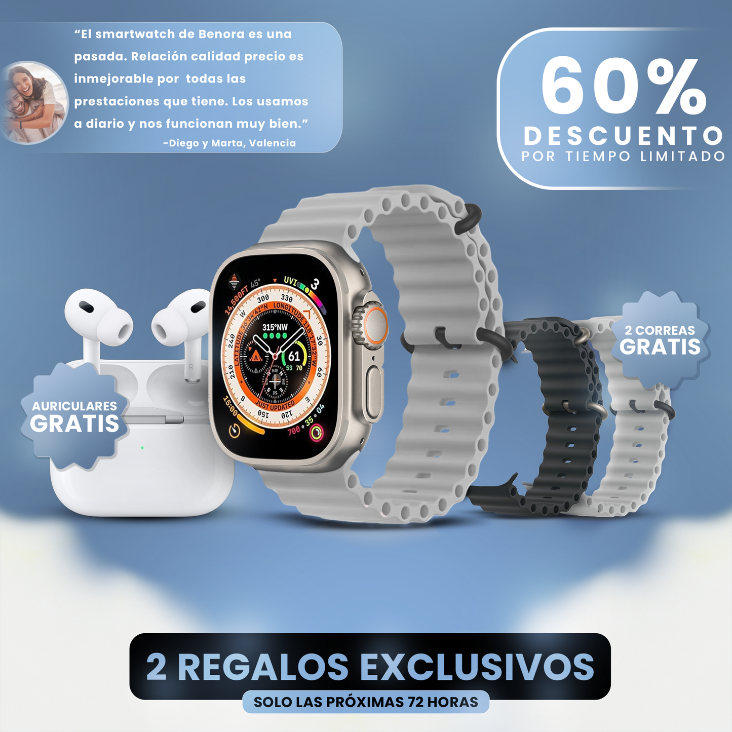 Smartwatch Zelora Pro + 2 Correas y Auriculares (Gratis)- Edición limitada