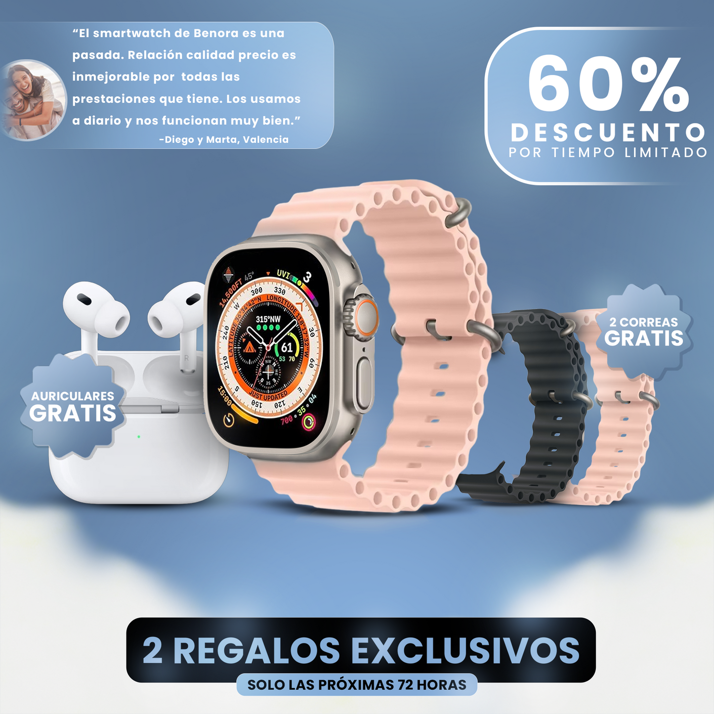 Smartwatch Zelora Pro + 2 Correas y Auriculares (Gratis)- Edición limitada